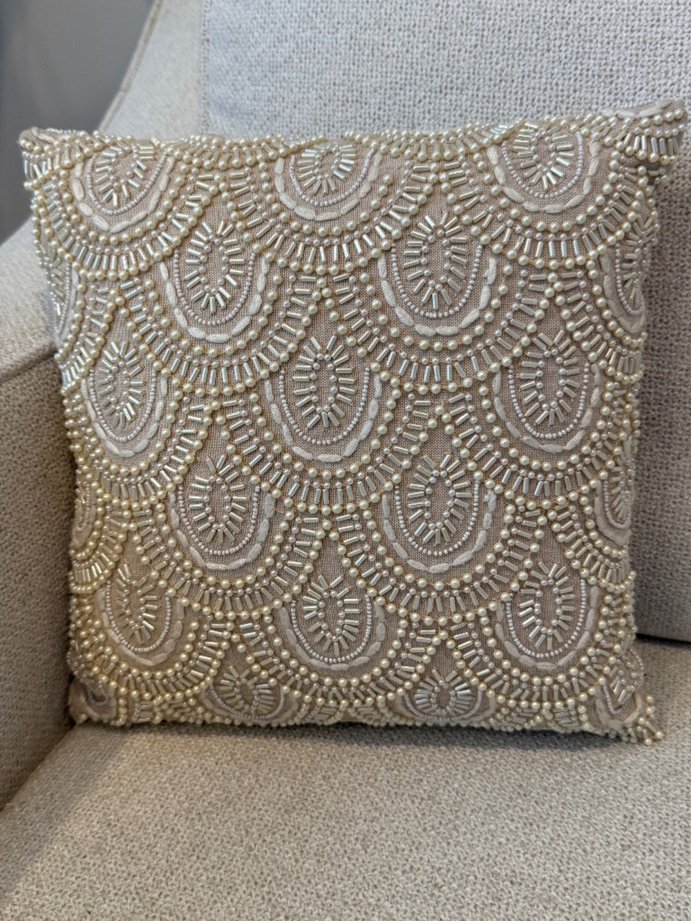 Vtg Pier 1 Bead Cream Flax Decorative Throw Pillow Boho Cozy Cottage 11" Square